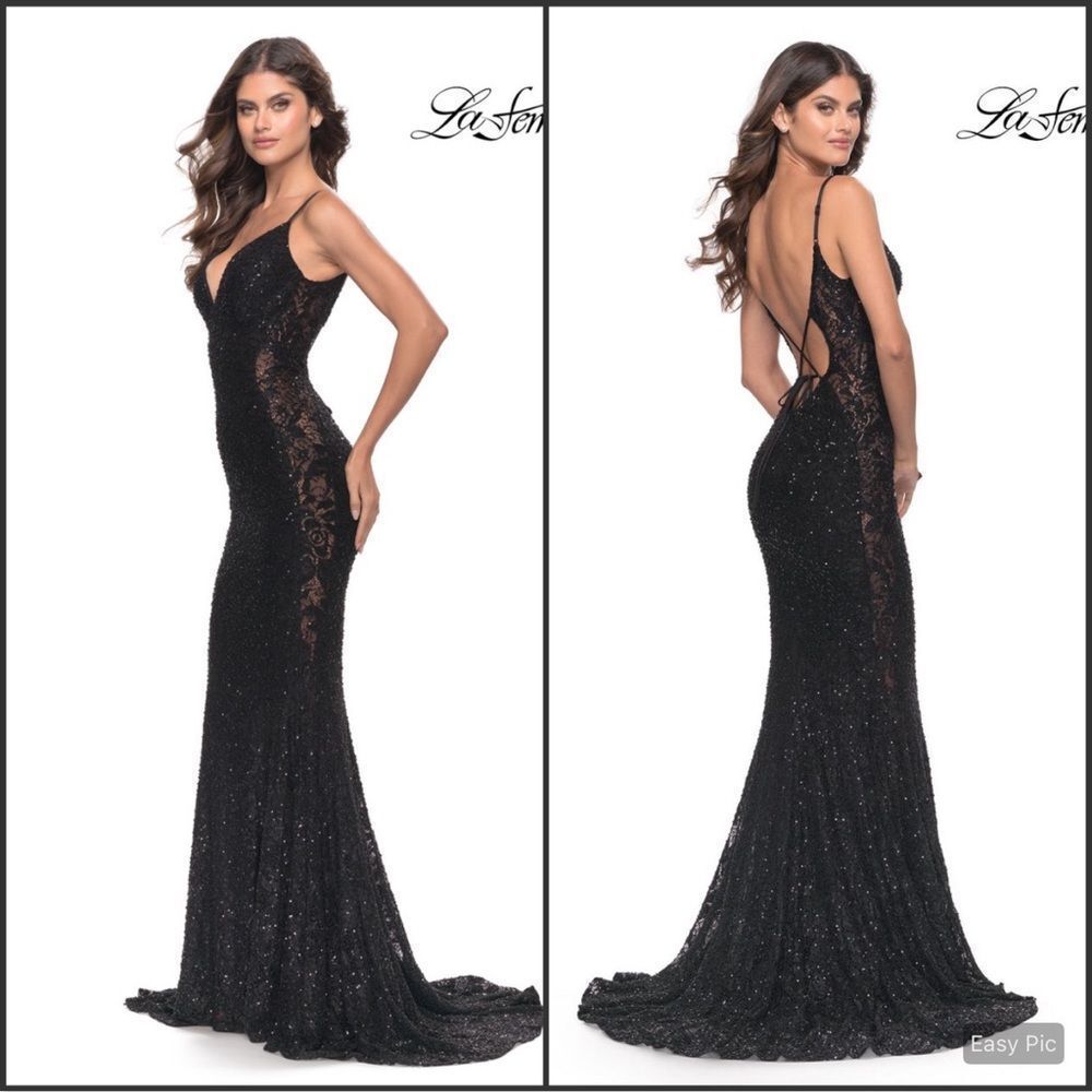 Nwt La Femme 31257 Size 00 Black Embellished Lace Gown Dress